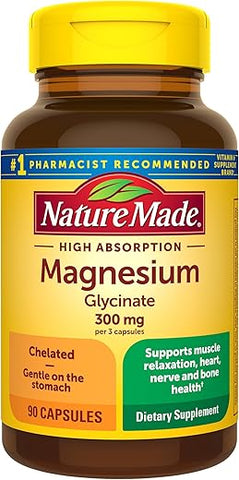 Magnésio Glicinato de Alta Absorção 300mg por 3 Cápsulas, Suporte Muscular, Cardíaco, Nervoso e Ósseo, 90 Cápsulas de Bisglicinato de Magnésio, 30 Dias - Nature Made