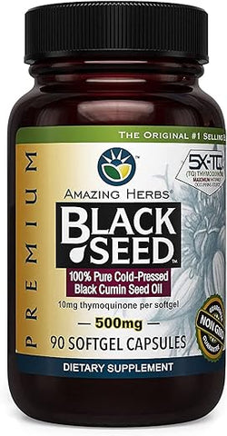 Óleo de Semente de Cominho Preto Premium Amazing Herbs – Cápsulas prensadas a frio de Nigella Sativa auxiliam na saúde digestiva, suporte imunológico, função cerebral – Livre de glúten, não transgênico – 90 cápsulas, 500mg