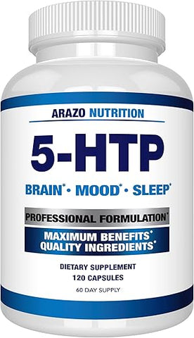 5-HTP 200 MG Plus Calcium – Suporte para Humor e Sono – Promove Calma e Relaxamento – Alta Pureza 99% – 120 Cápsulas - Arazo Nutrition