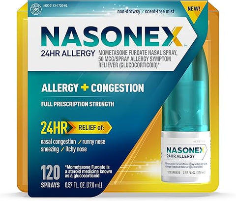 24HR Spray Nasal para Alergia, Congestão Nasal, Alívio Não Sonolento em Força Total de Prescrição, 120 Sprays - Nasonex