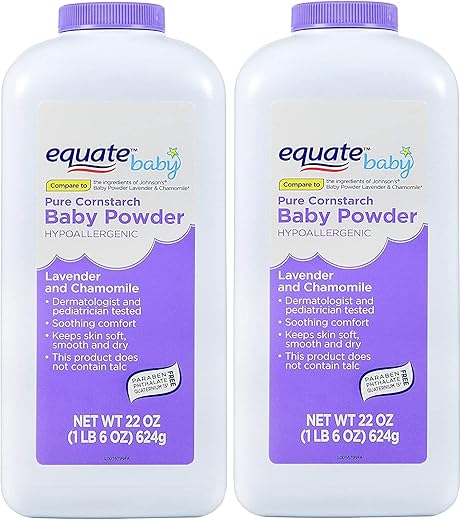 Equate - Pó de Milho Puro para Bebês com Lavanda e Camomila (2 Pacotes) – 100g cada