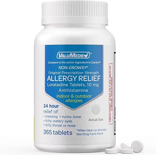 Loratadine 10mg – Alívio de Alergia Não Sonolento 24 Horas | Antialérgico para Coriza, Espirros, Coceira e Olhos Lacrimejantes | Frasco com 365 Comprimidos - ValuMeds