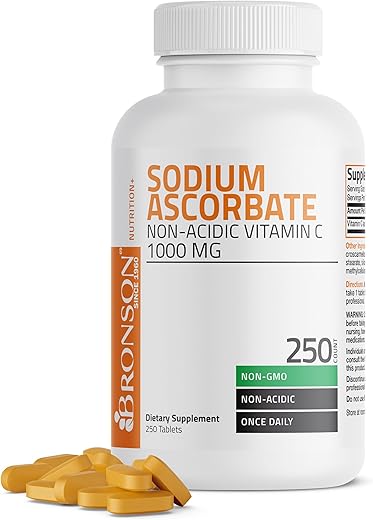 Bronson - Vitamina C Não Ácida Ascorbato de Sódio 1000 Mg – Comprimidos Suaves para o Estômago – Reforço do Sistema Imunológico – Poderoso Antioxidante – Suplemento de Vitamina C Não OGM, 250 Unidades