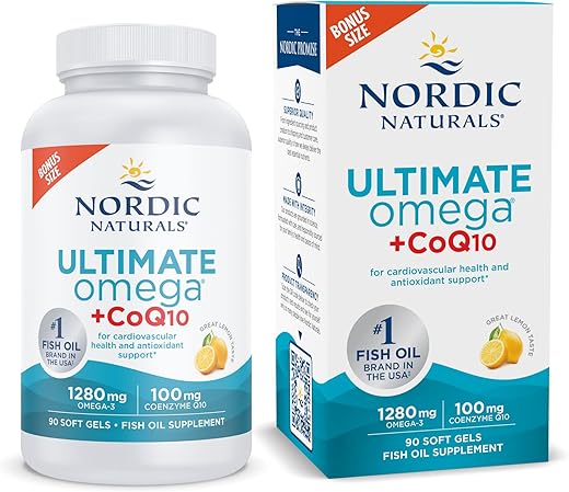 Ultimate Omega CoQ10 – Limão, 90 Soft Gels – 1280 mg Ômega-3, 100 mg CoQ10 – Saúde Cardíaca, Energia Celular, Suporte Antioxidante – Não-OGM – 45 Porções - Nordic Naturals