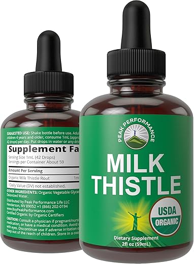 Peak Performance - Extrato Líquido Vegano de Cardo de Leite Orgânico USDA. Desintoxicação do Fígado. Ótimo para Digestão e Limpeza. Tintura Pura de Cardo de Leite Orgânico
