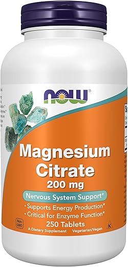 NOW Foods - NOW Supplements, Magnésio Citrato 200 mg, Função Enzimática, Suporte ao Sistema Nervoso, 250 Comprimidos (Embalagem de 1)