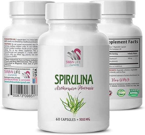 SWAN LIFE ESSENTIALS - Spirulina e Chlorella em Cápsulas – Defesa Imunológica – 500mg – Comprimidos de Spirulina – Pó Orgânico de Spirulina e Chlorella – Suplementos Herbais de Spirulina – Azul