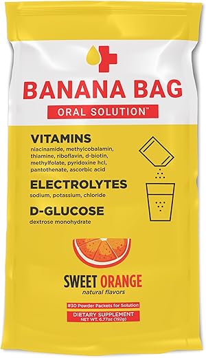 Banana Bag Oral Solution - Banana Bag Solução Oral Sabor Laranja Doce 30-Pack – Fórmula de Hidratação e Recuperação do Farmacêutico – Eletrólitos