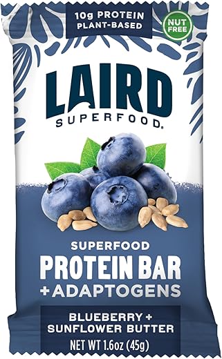 Barras de Proteína Funcional, Barra de Proteína Melhorada com Ingredientes Reais, Cogumelos Funcionais 10g de Proteína Vegetal, 6g de Fibra, Manteiga de Girassol e Mirtilo, 10g - Laird Superfood