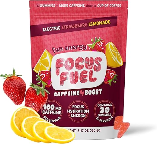 FocusFuel - Gomas Energéticas Focus – 100mg de Cafeína por 2 Gomas, com B12, Magnésio, Eletrólitos, Ingredientes Naturais (Sabor Limonada de Morango – 30 Gomas, 90g)