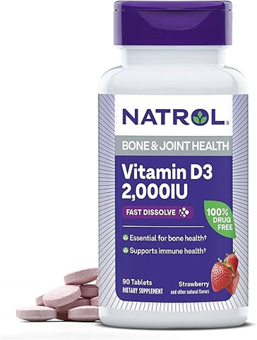 Suplemento de Vitamina D3 2.000 UI de Dissolução Rápida para Saúde Óssea e Articular – Suporte Ósseo – 90 Comprimidos – Fornecimento de 90 Dias - Natrol