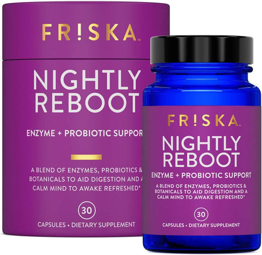 FR!SKA - FRISKA Nightly Reboot – Suplemento Enzimático e Probiótico, Promove Melhor Digestão e Sono, Suporta Saúde Intestinal para Homens e Mulheres, Melatonina, Camomila, 30 Cápsulas