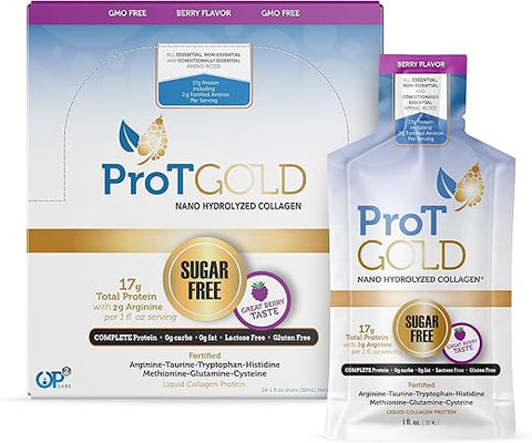 ProT Gold - Proteína Líquida de Colágeno, 17g de Colágeno Hidrolisado Nano-Hidrolisado de Pasto, 2g de Arginina para Suporte de Feridas, Sem Glúten, Sem Açúcar, 0g de Carboidratos, Não-OGM, Sabor de Frutas Vermelhas, 30ml, 24 Unidades
