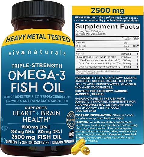 Viva Naturals - Omega 3 Fish Oil – 2500 mg Triplo Forte com Ácidos Graxos Ômega 3 Re-Esterificados, EPA, DHA, DPA – 180 Cápsulas Softgel Amigáveis aos Pescetarianos