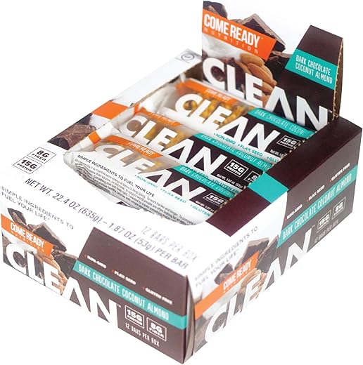 Barra Ready CLEAN, 15g de Proteína, 8g de Fibra, 6.5g de Grãos Integrais, Sem GMO, Chocolate Amargo Coco Amêndoa, 53g, Pack com 12 Unidades