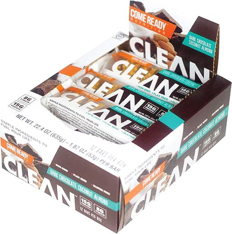 Barra Ready CLEAN, 15g de Proteína, 8g de Fibra, 6.5g de Grãos Integrais, Sem GMO, Chocolate Amargo Coco Amêndoa, 53g, Pack com 12 Unidades
