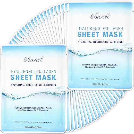 40 Pacote Máscaras Faciais Hidratantes de Colágeno Peptídeo, Máscaras Faciais Firmadoras e Clareadoras Instantâneas, Máscaras de Spa Hidratantes para Cuidados com a Pele com Ácido Hialurônico, Vitamina - Ebanel
