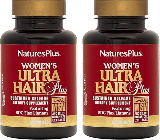 Natures Plus - NaturesPlus Ultra Hair Plus Feminino – 60 Comprimidos de Liberação Sustentada, Embalagem com 2 – Suporte Nutricional para Estrutura Capilar Saudável – Livre de Glúten – 60 Porções Totais
