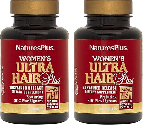 Natures Plus - NaturesPlus Ultra Hair Plus Feminino – 60 Comprimidos de Liberação Sustentada, Embalagem com 2 – Suporte Nutricional para Estrutura Capilar Saudável – Livre de Glúten – 60 Porções Totais