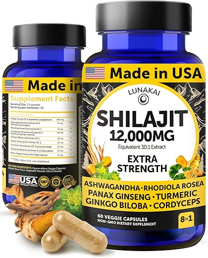 Cápsulas de Shilajit Puro 12000mg com Ashwagandha e Rhodiola – Fabricado nos EUA - Lunakai