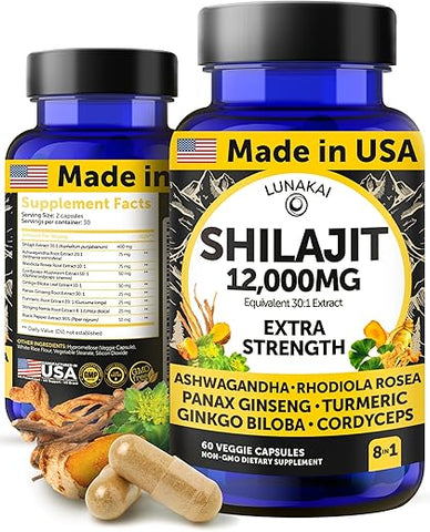 Cápsulas de Shilajit Puro 12000mg com Ashwagandha e Rhodiola – Fabricado nos EUA - Lunakai