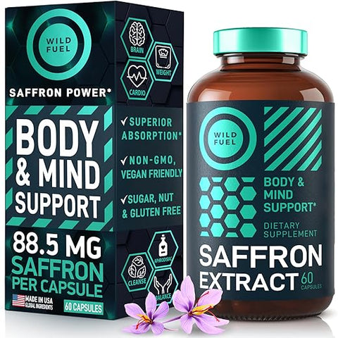 Suplemento de Açafrão 88.5mg – Extrato Puro de Açafrão – Antioxidante, Saúde Ocular, Suporte Energético e Estimulante de Humor – Vegano, Fabricado nos EUA, 60 Cápsulas Orgânicas de Açafrão Diárias - WILD FUEL