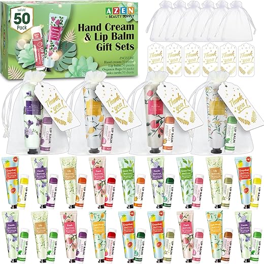 Conjunto de 50 Cremes para as Mãos e Bálsamos Labiais a Granel – Lembrancinhas de Chá de Panela para Convidados, Agradecimentos para Colegas de Trabalho Homens e Mulheres com Saquinho de Organza e Cartão de Agradecimento – Casamento da Marca AZEN - AZEN