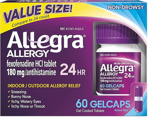 Adulto 24HR Gelcaps Antialérgico Não Sonolento, 60 Unidades, Alívio Rápido dos Sintomas de Alergia, 180 mg - Allegra