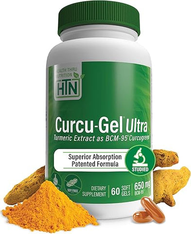 Health Thru Nutrition - Curcu-Gel 650mg BCM-95® Curcugreen | Cúrcuma Curcumina | Alta Absorção | Resposta Saudável à Inflamação | Estudo Clínico | Testado por Terceiros | Não-OGM