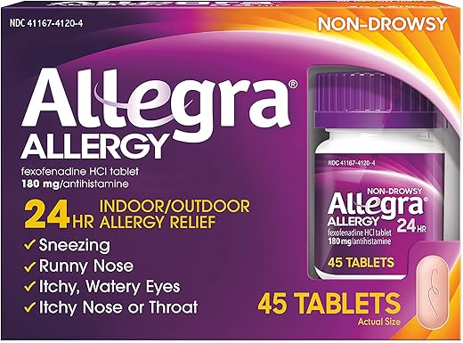 Adulto 24HR Antialérgico Não Sonolento, 45 Comprimidos, Alívio Rápido dos Sintomas de Alergia, 180 mg - Allegra