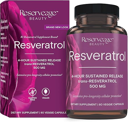 Beleza Reserveage, Resveratrol 500 mg, Suplemento Antioxidante para Saúde do Coração e Celular, Apoia o Envelhecimento Saudável e Sistema Imunológico, Paleo, Keto, 60 cápsulas - Reserveage Nutrition