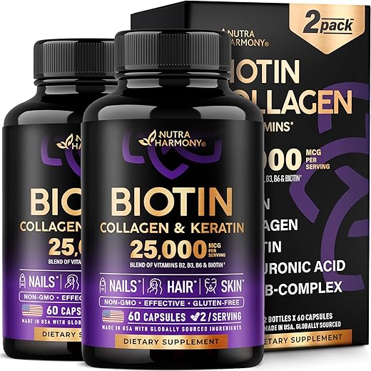NUTRAHARMONY - Biotina Colágeno Queratina Ácido Hialurônico – Suplemento Testado Clinicamente – Suporte ao Crescimento Capilar – Pele