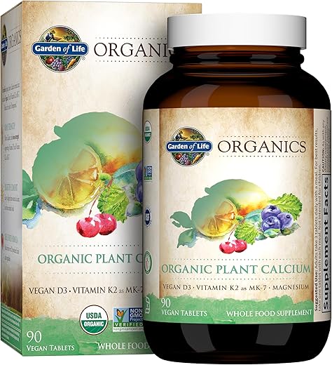 Organics: Suplemento de Cálcio de Plantas Feito com Alimentos Integrais, com Magnésio, Vitamina D como D3 e Vitamina K como MK7 – Livre de Glúten – 30 Dias - Garden of Life