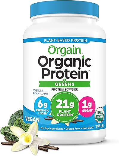 Proteína em Pó Vegana Orgânica, Sabor Baunilha – 21g Proteína à Base de Plantas, 6g Fibra Prebiótica para Saúde Intestinal, Sem Glúten, Sem Ingredientes Lácteos, Sem Adição de Açúcar - Orgain
