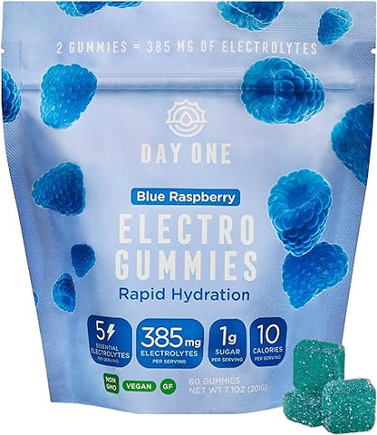 Day One - Electrogummies Blue Raspberry – Gomas Eletrolíticas com 385mg de 5 Eletrólitos Essenciais – Alternativa de Hidratação a Pós, Comprimidos, Gomas – Para Corredores, Esportes de Resistência