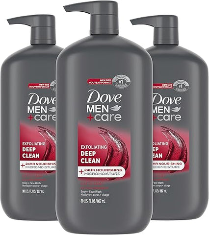 DOVE MEN + CARE - DOVE MEN CARE Sabonete Líquido Esfoliante para Corpo e Rosto, Limpeza Profunda, 3 Unidades, com Tecnologia Micromoisture Nutritiva 24 Horas, 30 ml