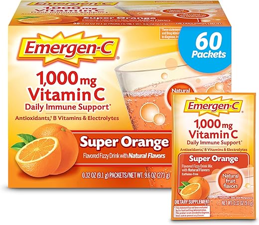 1000mg Vitamina C em Pó para Suporte Diário ao Sistema Imunológico – Suplemento de Vitamina C sem Cafeína com Zinco e Manganês, Vitaminas B e Eletrólitos, Sabor Laranja Super – 60g - Emergen-C
