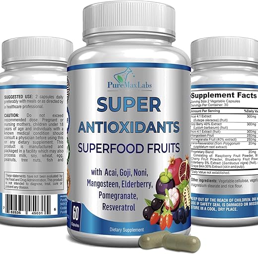 YUMMYVITE - Superfood Complexo de Frutas Super Antioxidantes – Açaí, Goji, Noni, Mangostão, Romã, Sambucus, Resveratrol, Suporte Imunológico, Cuidados com a Pele – 60 cápsulas