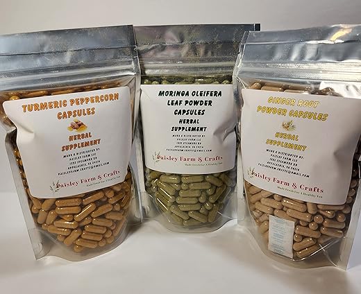 Paisley Farm and Crafts - Cápsulas de Cúrcuma, Pimenta-do-Reino, Gengibre e Moringa – Triplo Valor 300 un. Suplemento Herbal