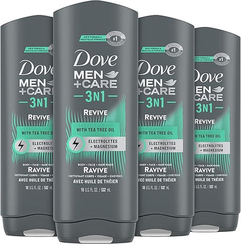 DOVE MEN + CARE - DOVE MEN CARE Gel de Banho 3 em 1 Pós-Treino Revitalizante com Óleo de Melaleuca, 4 Unidades de 18 oz (532 ml)