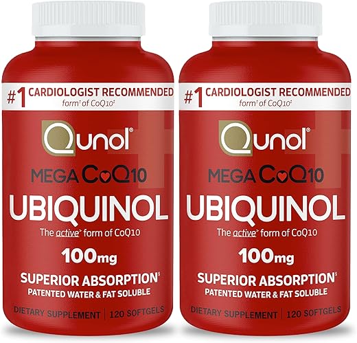 Mega Ubiquinol CoQ10 100mg Softgels – Absorção Superior – Forma Ativa de Coenzima Q10 para Saúde do Coração – 8 Meses de Fornecimento – 120 Cápsulas (Pacote com 2) - Qunol