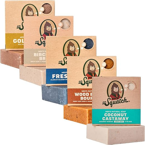 Sabonete em Barra Natural para Homens, Kit com 5 Barras – NOVO Coconut Castaway, Wood Barrel Bourbon, Fresh Falls, Birchwood Breeze, Gold Moss - Dr. Squatch