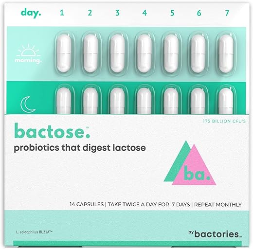 BACTOSE - Pílulas de Lactase Probióticas para Alívio Duradouro – Desfrute novamente dos laticínios – Suplemento para Intolerância à Lactose – Produza Enzimas Lactase no Intestino – Naturalmente quebre a Lactose (Tomar por 7…)