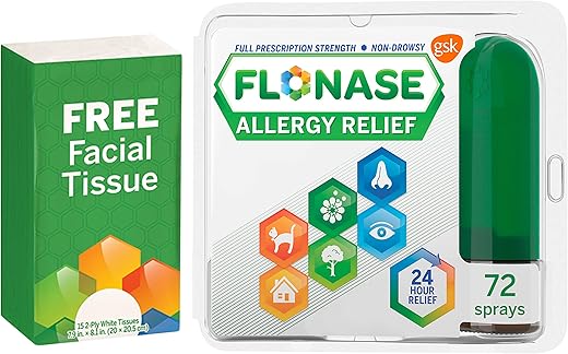 Spray Nasal Alívio de Alergia, 24 Horas de Alívio Multissintomas sem Sonolência – 72 Sprays + Pacote Bônus de Lenços - Flonase