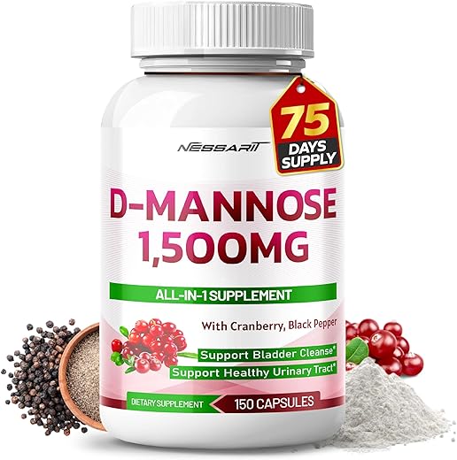 NESSARIT - D-Mannose 2,600MG – Potência Elevada com Cranberry, Pimenta Preta – Suporte ao Trato Urinário Saudável, Limpeza da Bexiga – 150 Comprimidos – Fabricado