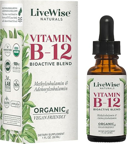 Live Wise Naturals - Vitamina B12 Líquida Sublingual – Gotas Veganas de Vitamina B12 Líquida 100% Natural – Adenosilcobalamina Metilcobalamina – Fortaleça seu Sistema Imunológico, Metabolismo – 30ml