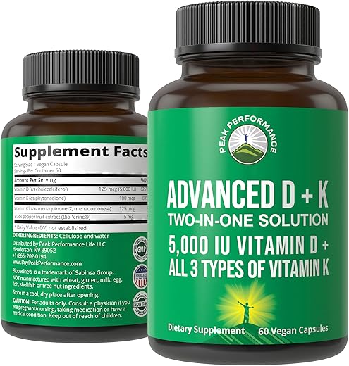 Advanced Vitamin D 5000 IU com os 3 Tipos de Vitamina K – D3, K2, K1, MK-7, MK4. 60 Cápsulas Vegetais Pequenas e Fáceis de Engolir - Peak Performance
