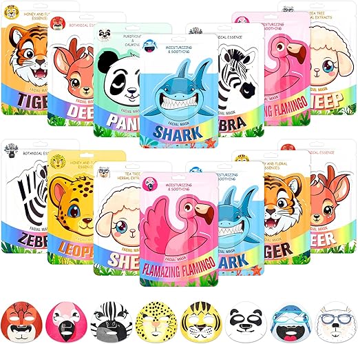 24 Pcs Máscaras Faciais Tema Animal para Pele com Personagens de Animais – Máscaras Divertidas com Fragrância para Cuidados com a Pele de Meninas, Mulheres e Adolescentes – Festa de Spa, Noite das Meninas - Dunzy