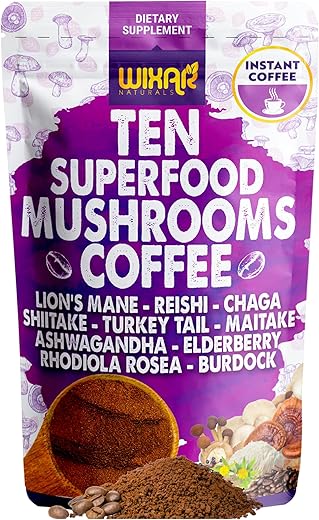 WIXAR NATURALS - WIXAR Café Instantâneo em Pó Superfood de Cogumelo – 10 Extratos Superfood com Lion’s Mane, Turkey Tail, Reishi, Chaga, Shiitake, Ashwagandha, Rhodiola Rosea, Elderberry – 100g