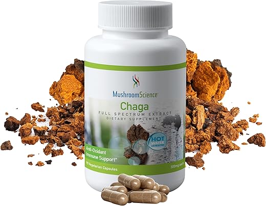 Mushroom Science - Cápsulas de Cogumelo Chaga MushroomScience, Extrato de Espectro Completo, Suplemento Natural Antioxidante para Adultos, Suporte à Saúde, Cogumelos Extraídos em Água Quente, Vegetariano, 60g
